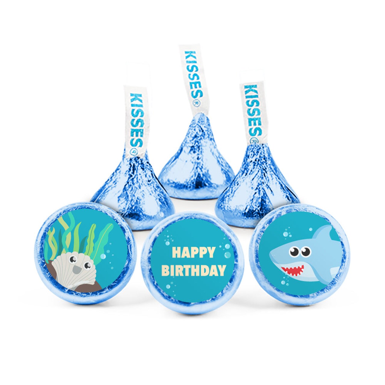 100ct Boy Shark Birthday Candy Party Favors Hershey's Kisses Milk Chocolate (100 Candies + 1 Sheet Stickers) - Assembly Required - by Just Candy